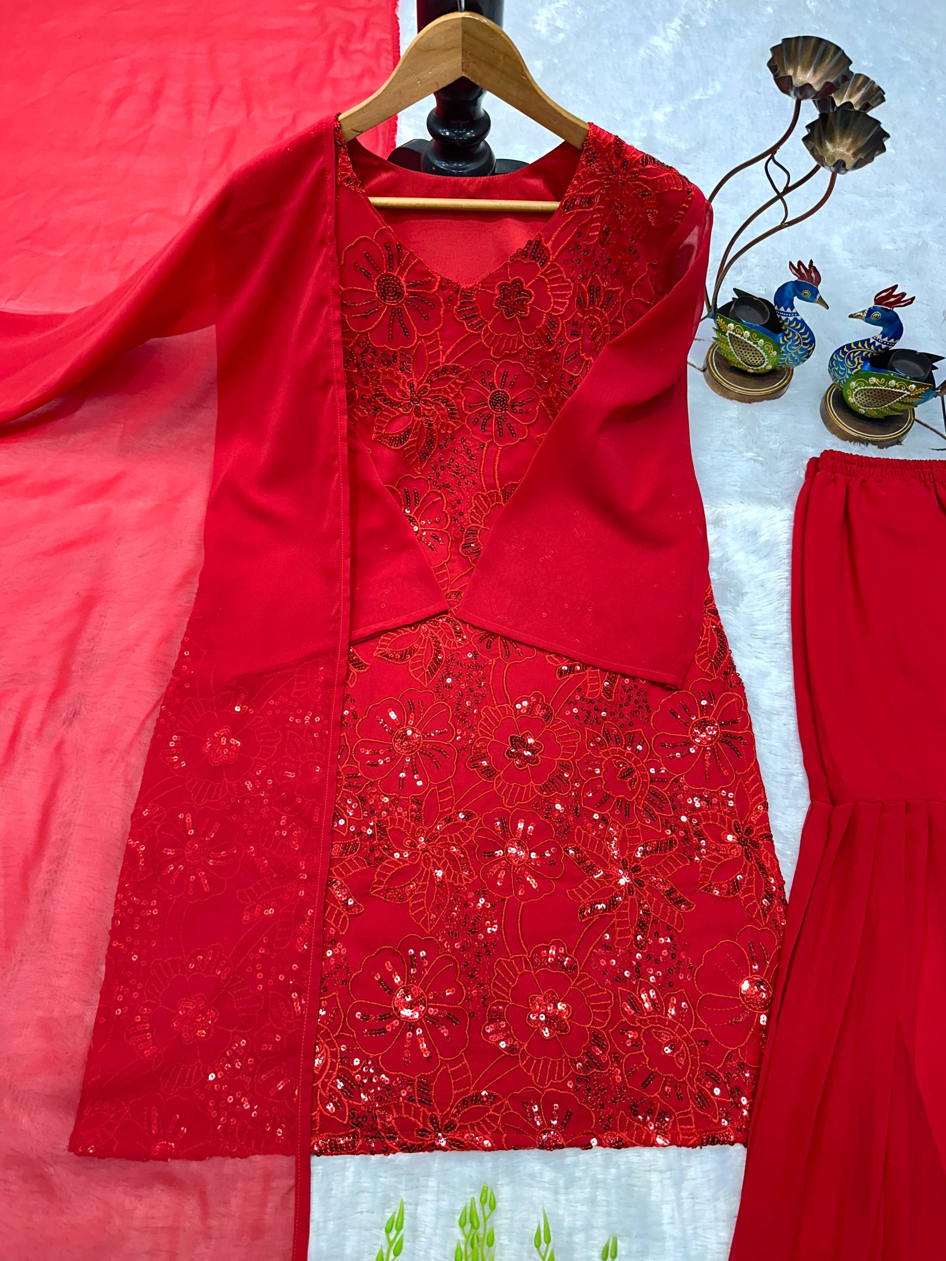 Opulent Red Bell-Sleeve Couture